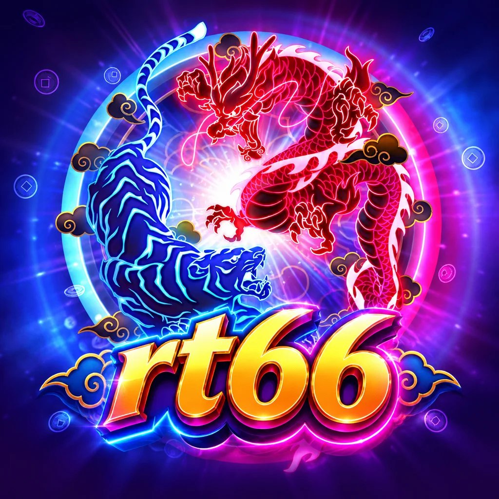 Logo rt66 dengan ilustrasi neon naga merah dan harimau biru berhadapan dalam Dragon Tiger Luck