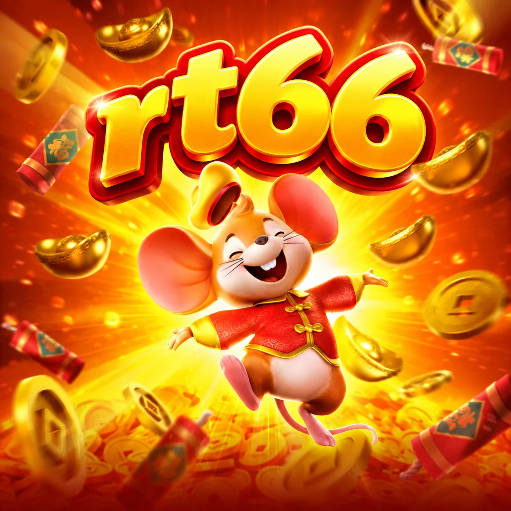 Logo rt66 dengan karakter tikus keberuntungan memegang koin emas dalam Fortune Mouse
