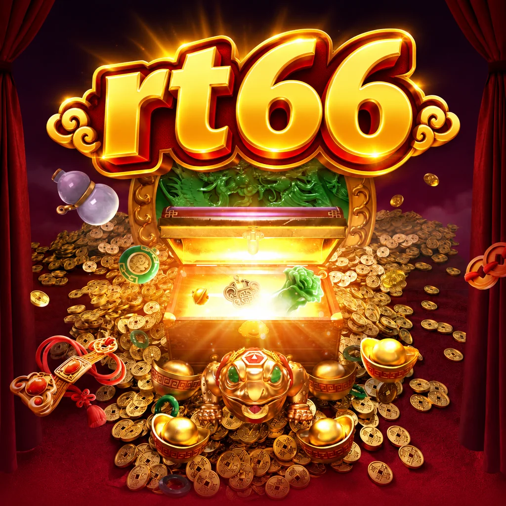 Logo rt66 emas di atas peti harta karun bercahaya dengan koin emas dan katak keberuntungan dalam Jewels Prosper